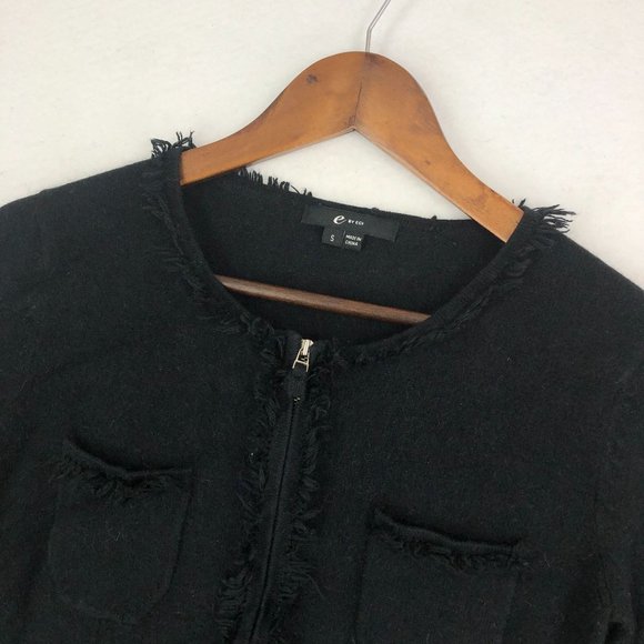 E by ECI Women's Size Small Black Silk Angora Blend Long Sleeve Frayed Jacket - Picture 2 of 10